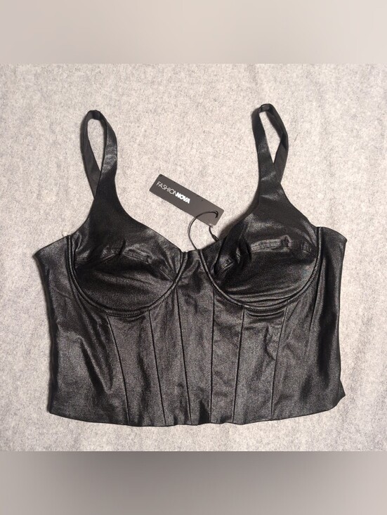 Fashion Nova Tops - Fashion Nova Black Faux-Leather Bustier Crop Top 2x Goth Metal